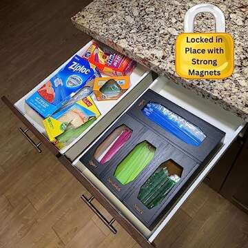 RT Lifestyle - Bamboo Modular Ziplock Bag Organizer for Drawers | Magnets Adhesive Sheets for Fridge | Plastic Storage Organizer Perfect for Ziploc Bags, Baggies, & Sandwich Bags