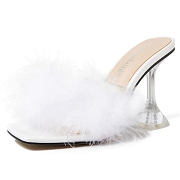 Enelauge Women's Square Toe Sandal Fluffy Feather Clear High Heels Sandals Mules Backless Slip on Sl...