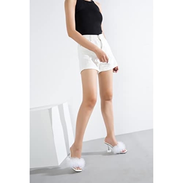 Enelauge Women's Clear High Heels Sandals Mules Fluffy Feather Design