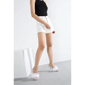 Enelauge Women's Clear High Heels Sandals Mules Fluffy Feather Design