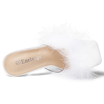 Enelauge Women's Clear High Heels Sandals Mules Fluffy Feather Design