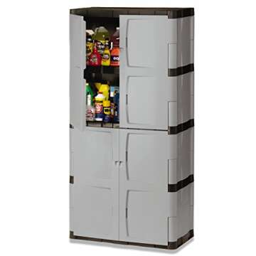 Rubbermaid Freestanding Storage Cabinet, Five Shelf with Double Doors, Lockable, Large, 690-Pound Capacity, Gray, For Garage/Outdoor, Garden Tools/Toys/Power Tools/Pool Accessories, Grey