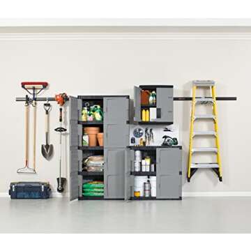 Rubbermaid Freestanding Storage Cabinet, Five Shelf with Double Doors, Lockable, Large, 690-Pound Capacity, Gray, For Garage/Outdoor, Garden Tools/Toys/Power Tools/Pool Accessories, Grey