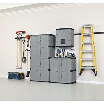 Rubbermaid Freestanding Storage Cabinet, Five Shelf with Double Doors, Lockable, Large, 690-Pound Capacity, Gray, For Garage/Outdoor, Garden Tools/Toys/Power Tools/Pool Accessories, Grey