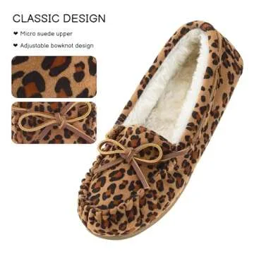 FIBURE Womens Moccasin Slippers Micro Suede Cozy Indoor Outdoor House Shoes Leopard Size 8 US