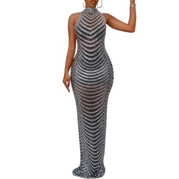 PORRCEY Women's Sexy Hot Drilling Craft Dress Bodycon Party Club Night Out Dress(5259,Black,S)