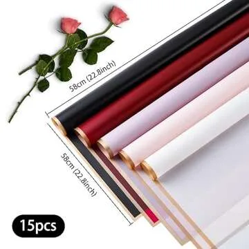 Pink Flower Wrapping Paper Bouquet with Gold Border Design, Korean Paper Style, Bouquet Wrapping Paper Waterproof Bouquet Paper Gift Wrap Floral Wrapping Paper Papel Para Flores Flower Bouquet Wrap