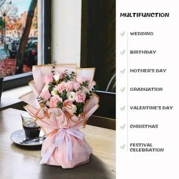 Pink Flower Wrapping Paper Bouquet with Gold Border Design, Korean Paper Style, Bouquet Wrapping Paper Waterproof Bouquet Paper Gift Wrap Floral Wrapping Paper Papel Para Flores Flower Bouquet Wrap