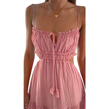 Leyajedol Women Y2k Bodycon Long Dress Spaghetti Strap Low Cut Dress Casual Backless Flowy Maxi Dress Sexy Clubwear Z-Pink