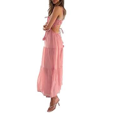 Leyajedol Women Y2k Bodycon Long Dress Spaghetti Strap Low Cut Dress Casual Backless Flowy Maxi Dress Sexy Clubwear Z-Pink