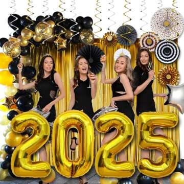 New Years Eve Party Supplies 2025:40in 2025 Balloons,89Pcs Black and Gold Graduation Party Decoratio...