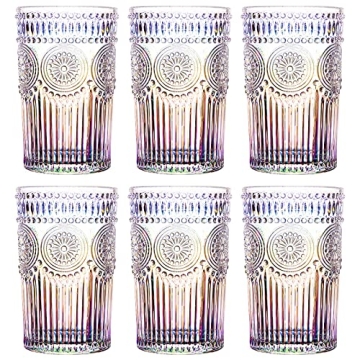 Kingrol 6 Pack 12 oz Romantic Water Glasses, Rainbow Drinking Glasses Tumblers, Vintage Glassware Se...