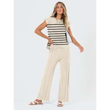 LILLUSORY 2 Piece Outfits for Women Lounge Matching Set Two Pcs Knit Tracksuit Sweatsuits Top & Pants 2025 ApricotBlack M