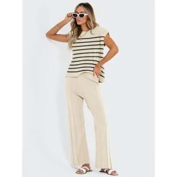 LILLUSORY 2 Piece Outfits for Women Lounge Matching Set Two Pcs Knit Tracksuit Sweatsuits Top & Pants 2025 ApricotBlack M