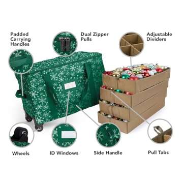 Covermates Keepsakes Rolling Adjustable Ornament Storage Bag - Carrying Handles, Padded Protection, Dual Wheels - Holiday Storage, Green Snowflake