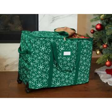Covermates Keepsakes Rolling Adjustable Ornament Storage Bag - Carrying Handles, Padded Protection, Dual Wheels - Holiday Storage, Green Snowflake