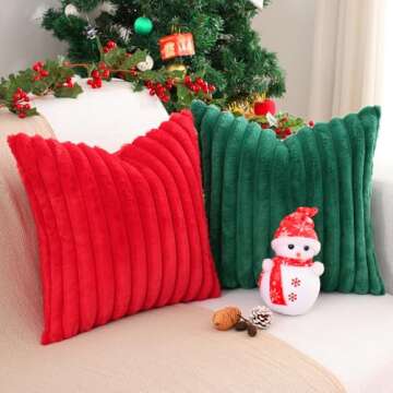 Pallene Faux Fur Plush Throw Pillow Covers 18x18 Set of 2, Luxury Soft Fluffy Striped Decorative Pillow Covers for Sofa, Couch, Living Room, Christmas Green