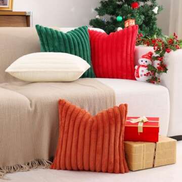 Pallene Faux Fur Plush Throw Pillow Covers 18x18 Set of 2, Luxury Soft Fluffy Striped Decorative Pillow Covers for Sofa, Couch, Living Room, Christmas Green