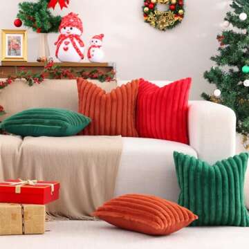 Pallene Faux Fur Plush Throw Pillow Covers 18x18 Set of 2, Luxury Soft Fluffy Striped Decorative Pillow Covers for Sofa, Couch, Living Room, Christmas Green