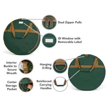 Covermates Keepsakes Christmas Wreath Storage Bag – Heavy Duty Polyester, Interior Pouch, Dual Zipper Pulls - Holiday Storage, Green