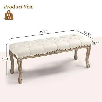Cozyman Bedroom Bench, French Vintage Tufted Entryway Bench, 45.2" Carving Upholstered End of Bed Bench with Distressed Wood Legs, Linen Ottoman Bench Seat for Living Room, Foyer, Dining Room, Beige