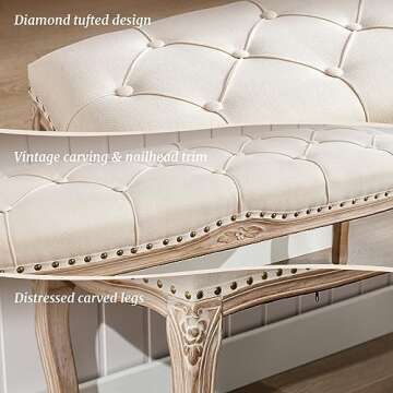 Cozyman Bedroom Bench, French Vintage Tufted Entryway Bench, 45.2" Carving Upholstered End of Bed Bench with Distressed Wood Legs, Linen Ottoman Bench Seat for Living Room, Foyer, Dining Room, Beige