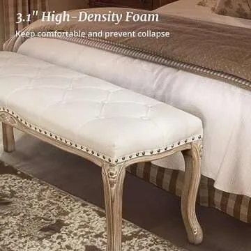 Cozyman Bedroom Bench, French Vintage Tufted Entryway Bench, 45.2" Carving Upholstered End of Bed Bench with Distressed Wood Legs, Linen Ottoman Bench Seat for Living Room, Foyer, Dining Room, Beige