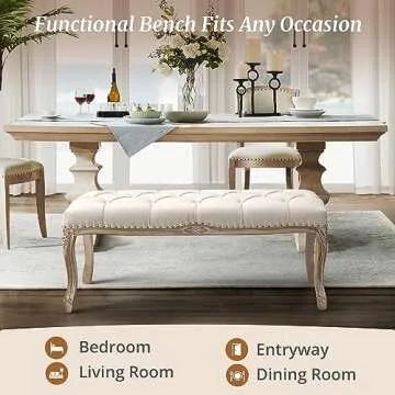 Cozyman Bedroom Bench, French Vintage Tufted Entryway Bench, 45.2" Carving Upholstered End of Bed Bench with Distressed Wood Legs, Linen Ottoman Bench Seat for Living Room, Foyer, Dining Room, Beige