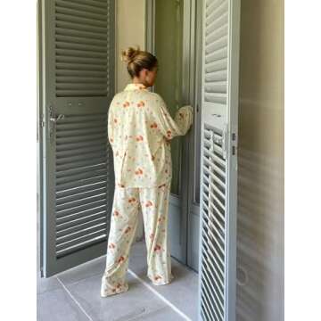 FHNUVB Women 2 Piece Floral Pajama Set Button Down Long Sleeve Wide Leg Fruit Set Cute Pjs Y2K Loungewear Sleepwear S-XL