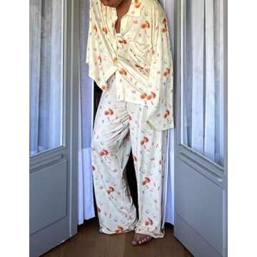 FHNUVB Women 2 Piece Floral Pajama Set Button Down Long Sleeve Wide Leg Fruit Set Cute Pjs Y2K Loungewear Sleepwear S-XL