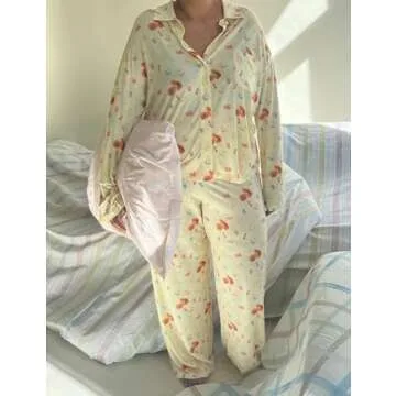 FHNUVB Women 2 Piece Floral Pajama Set Button Down Long Sleeve Wide Leg Fruit Set Cute Pjs Y2K Loungewear Sleepwear S-XL