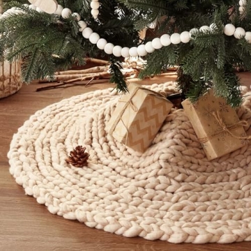 LimBridge Knitted Christmas Tree Skirt: 36 Inches Crochet Beige Tree Skirt, Chunky Knit Thick Rustic...