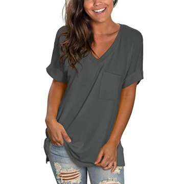 V Neck T Shirts for Womens Summer Tops with Pocket Short Sleeve Casual Tee Grey L