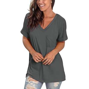 V Neck T Shirts for Womens Summer Tops with Pocket Short Sleeve Casual Tee Grey L