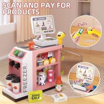 Jovow 48-Piece Pretend Play Cash Register Toy Set with Water Outlet Function - Calculator, Shopping Bag, Scanners, Credit Cards, Coffee Machine, Play Food - Gift for Boys and Girls Ages 3+（Pink）