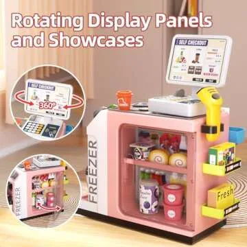 Jovow 48-Piece Pretend Play Cash Register Toy Set with Water Outlet Function - Calculator, Shopping Bag, Scanners, Credit Cards, Coffee Machine, Play Food - Gift for Boys and Girls Ages 3+（Pink）