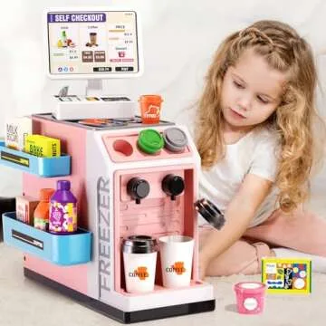 Jovow 48-Piece Pretend Play Cash Register Toy Set with Water Outlet Function - Calculator, Shopping Bag, Scanners, Credit Cards, Coffee Machine, Play Food - Gift for Boys and Girls Ages 3+（Pink）