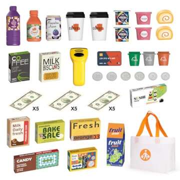 Jovow 48-Piece Pretend Play Cash Register Toy Set with Water Outlet Function - Calculator, Shopping Bag, Scanners, Credit Cards, Coffee Machine, Play Food - Gift for Boys and Girls Ages 3+（Pink）