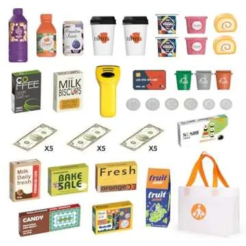 Jovow 48-Piece Pretend Play Cash Register Toy Set with Water Outlet Function - Calculator, Shopping Bag, Scanners, Credit Cards, Coffee Machine, Play Food - Gift for Boys and Girls Ages 3+（Pink）