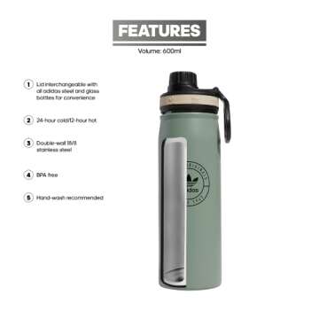 adidas Originals 600 Ml (20 Oz) Metal Water Bottle, Hot/Cold Double-Walled Insulated 18/8 Stainless ...