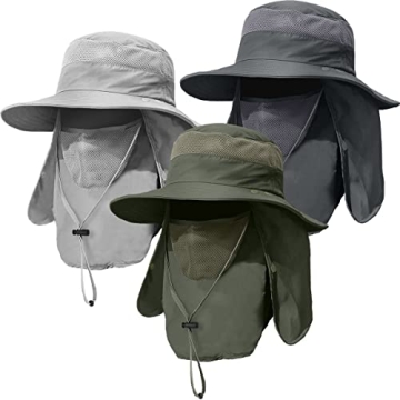 3 Pack Mens Outdoor Wide Brim Fishing Hat,UPF 50+ Sun Protection Cap with Face Neck Flap for Hiking ...