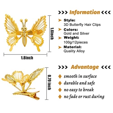 Kachanaa 3D Moving Butterfly Metal Hair Styling Accessories - 12 Pcs Hollow Hair Pins, Cute Barrettes, Clamps, and Claw Clips for Women and Girls (Gold)