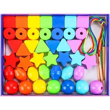 Atoylink 42PCS Lacing Beads Montessori Toys - Rainbow String Threading Educational Toys