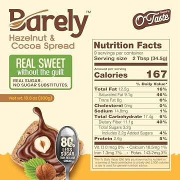 Hazelnut & Cocoa Spread by Barely, Low Sugar & No Artificial Sweeteners, Vegan, Keto Friendly, Delicious Chocolate Spread & Dessert Dip, 3.2 g Cane Sugar per Serving, 1-Pack