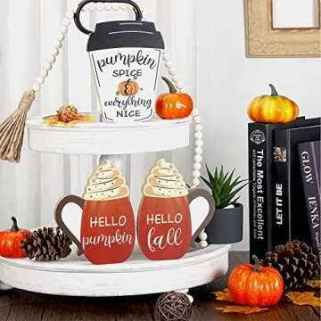 3 Pieces Fall Wooden Signs Tiered Tray Decor Fall Harvest Tabletop Signs Thanksgiving Pumpkin Decor Welcome Hello Fall Decor Autumn Wooden Block Sign Fall Decoration for Home Party (Lovely Style)