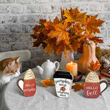 3 Pieces Fall Wooden Signs Tiered Tray Decor Fall Harvest Tabletop Signs Thanksgiving Pumpkin Decor Welcome Hello Fall Decor Autumn Wooden Block Sign Fall Decoration for Home Party (Lovely Style)