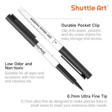 Shuttle Art Ultra Fine Dry Erase Markers, 15 Pack Black Whiteboard Markers with Erase, Dry Erase Markers Perfect For Writing on Whiteboards, Dry-Erase Boards,Mirrors for School Office Home