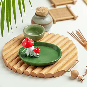 CHUNCHE Cute Mushroom Incense Holder with 30 Incense Sticks, Handmade Resin Burner, Nature Theme Inc...