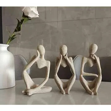 Ecacon Small Thinker Statue Sandstone Resin Abstract Character Sculptures Neutral Home Decor Collectible Figurines Modern Home Living Room Office Shelf Desktop Bookshelf Table Decoration Set of 3