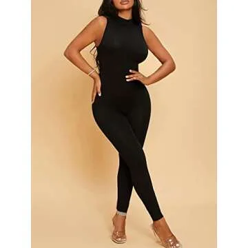 MakeMeChic Women's Sleeveless Mock Neck One Piece Jumpsuit Romper Bodysuit Pants Unitard Jumpsuits Black A L